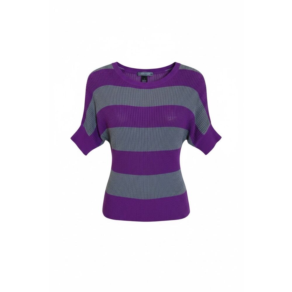 Mandee Striped Ribbed Knit Short Dolman‎ Sleeve Top Purple Gray Size Medium
